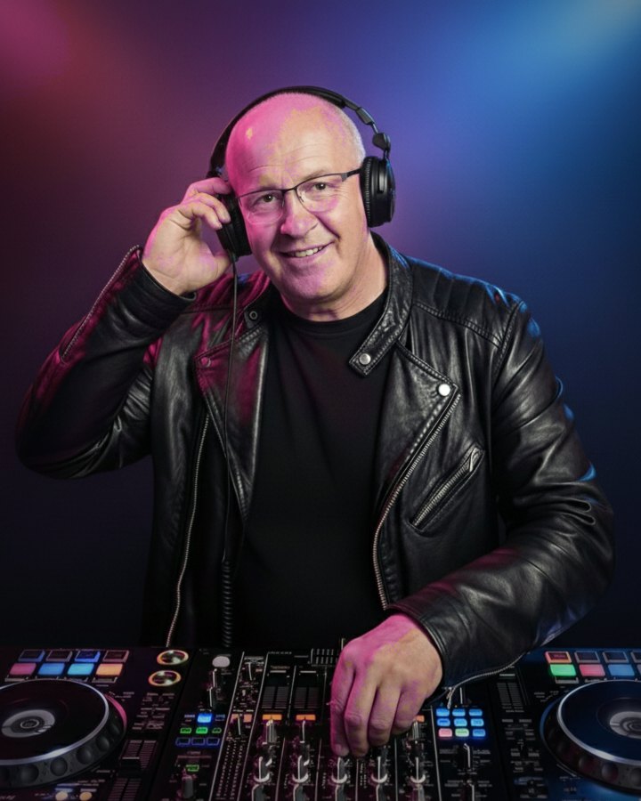 DJ Markus mit Kopfhörern am DJ-Pult, angestrahlt von magentafarbenem und blauem Licht